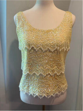 Vintage 60s Jo-Ro Imports 
Yellow Beaded Sequin Fringe wool Top Size Large